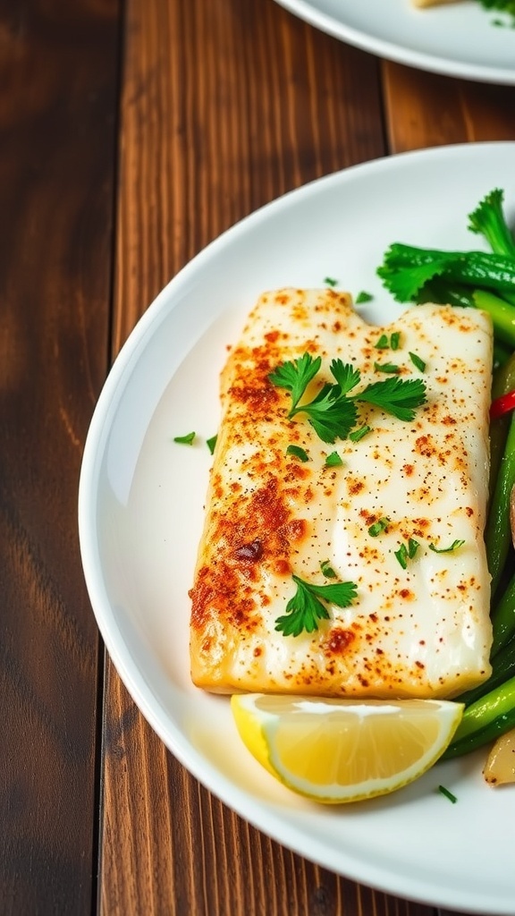 Seasoned tilapia fillets on a plate with vegetables and lemon, garnished with parsley.